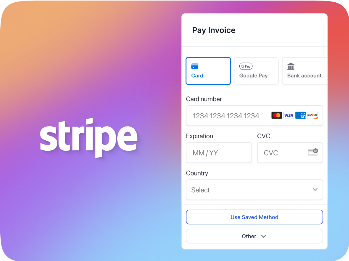 Stripe payment form for paying an invoice, showing card, Google Pay, and bank account options