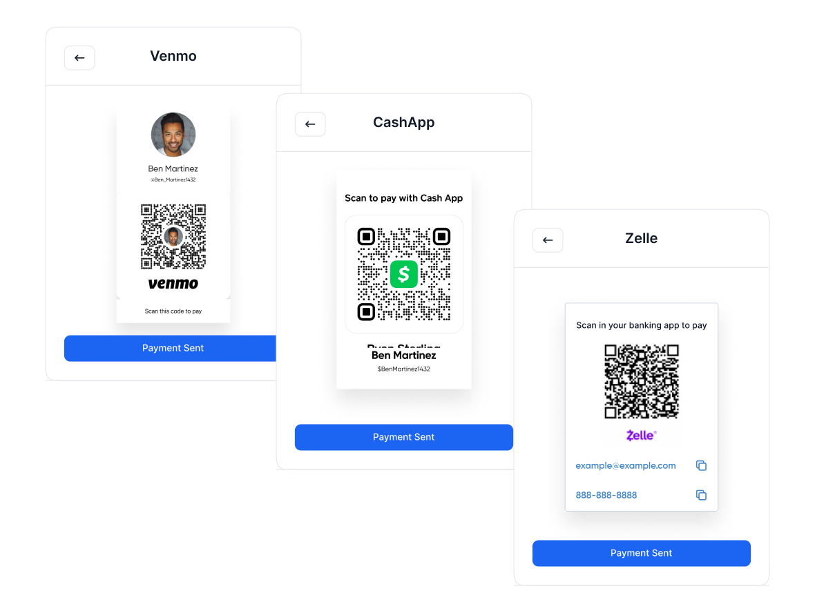 Venmo, CashApp, and Zelle payment screens showing QR codes for rent collection