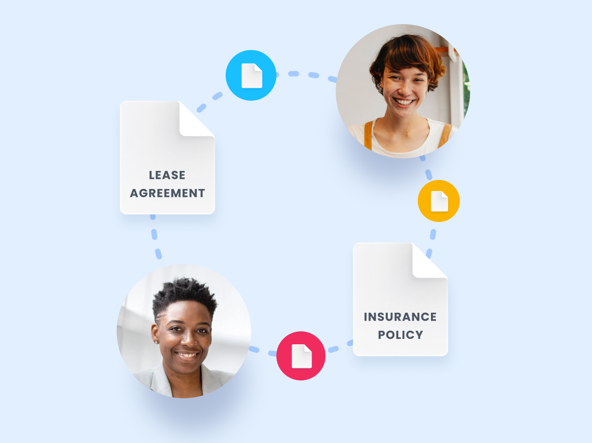 Diagram showing tenants connected to rental documents including a lease agreement and insurance policy
