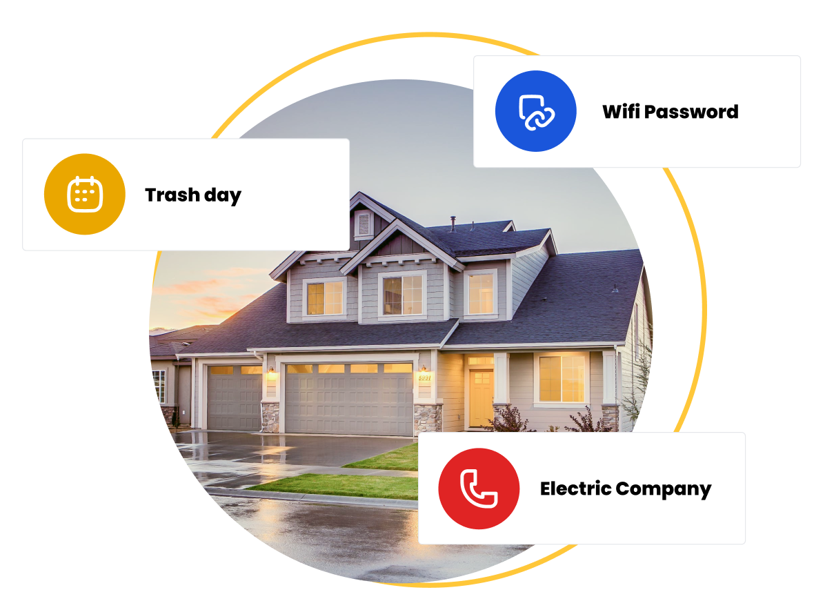 Tenant Portal Property Details Overview Tenant portal UI showing property detail tags for trash day, wifi password, and electric company over a house photo