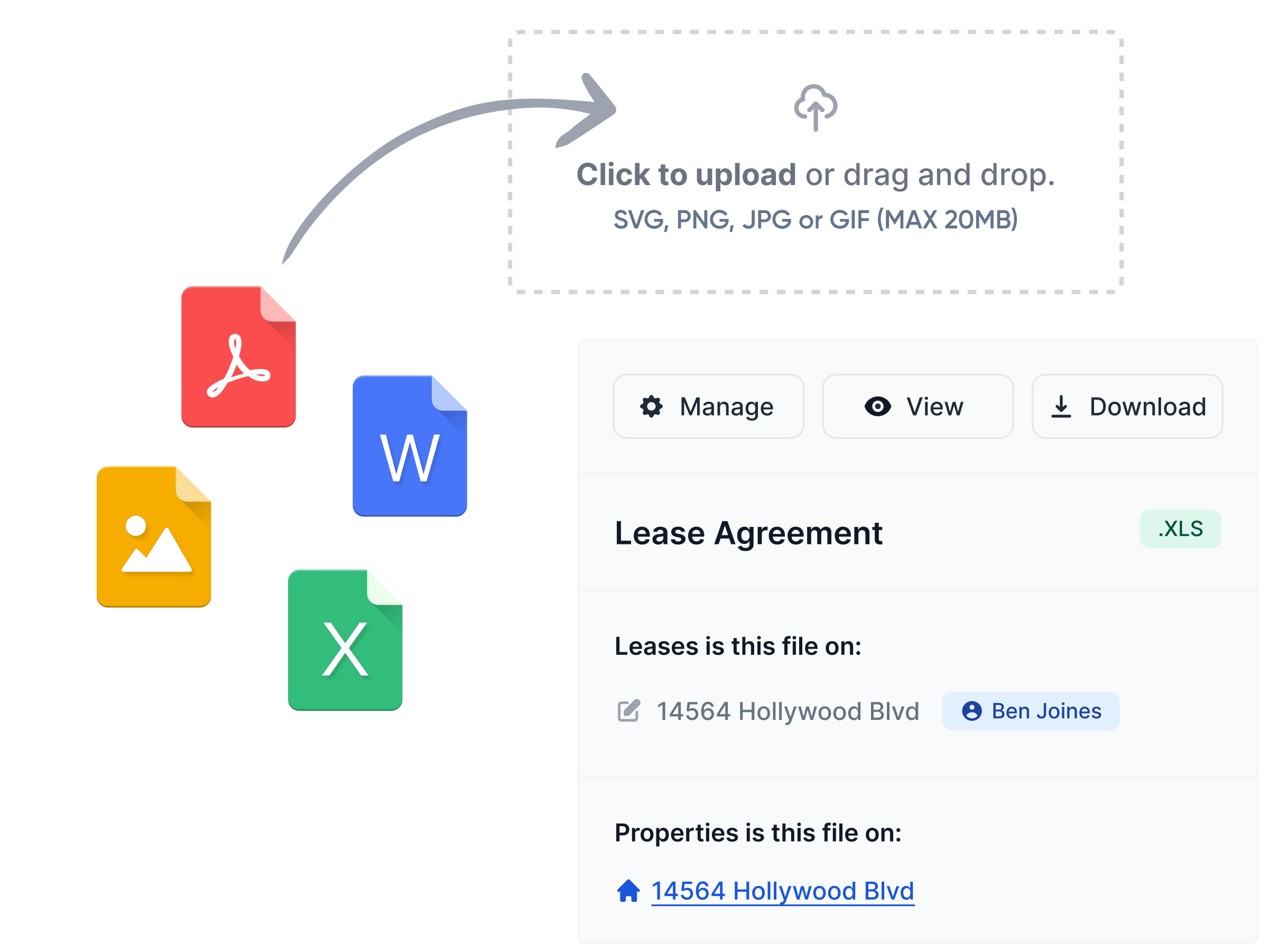 Property Document Management Upload Interface Upload and manage lease agreements and property documents with options to view, download, and see linked properties and tenants