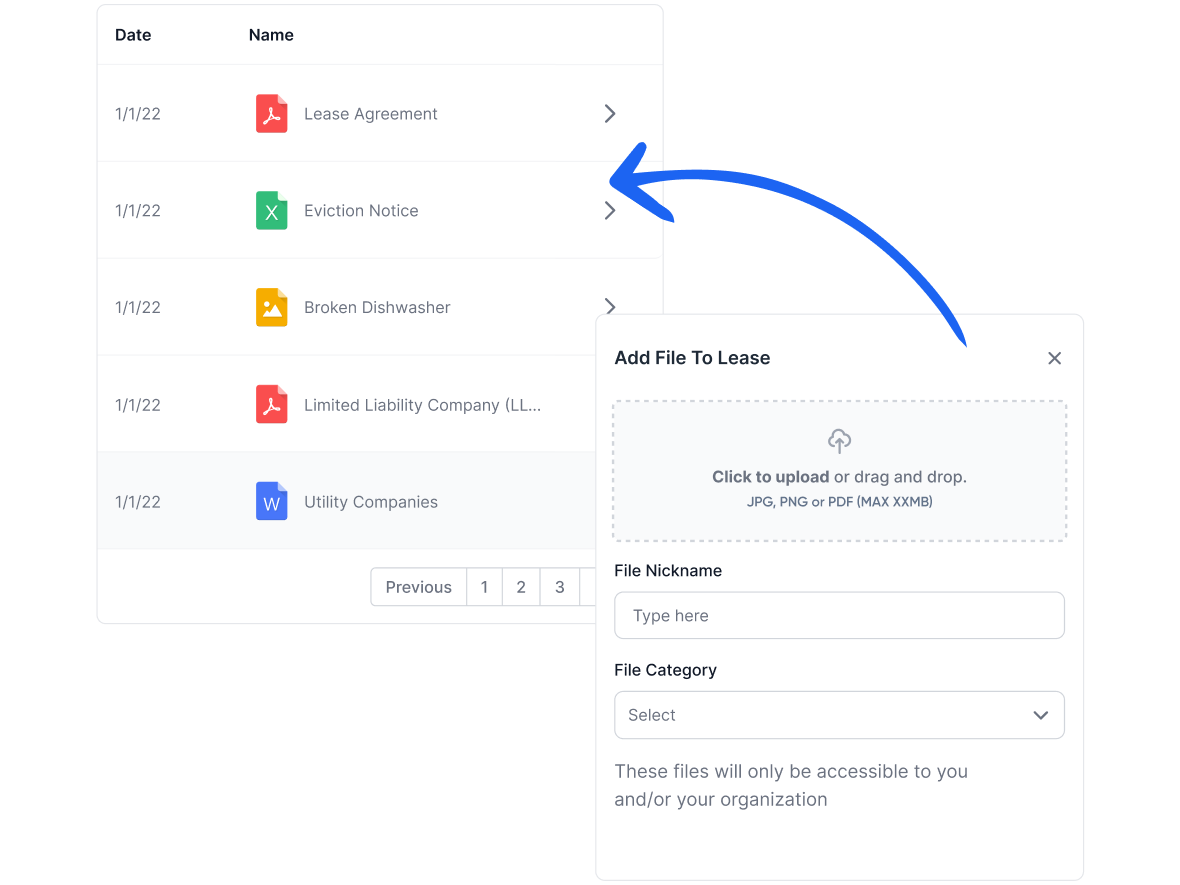 Document list with lease agreements and an Add File To Lease upload modal