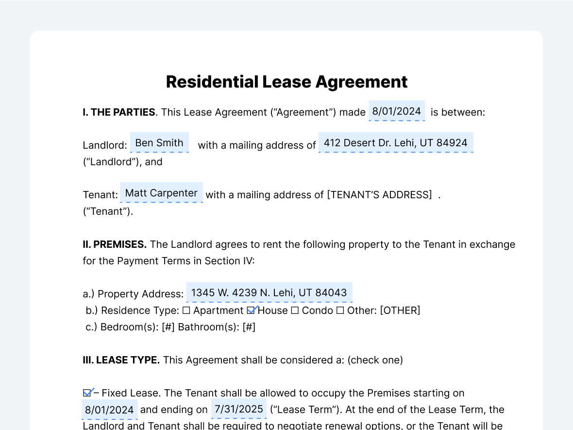 Lease Agreement Document Created Instantly Residential lease agreement form with landlord and tenant details filled in