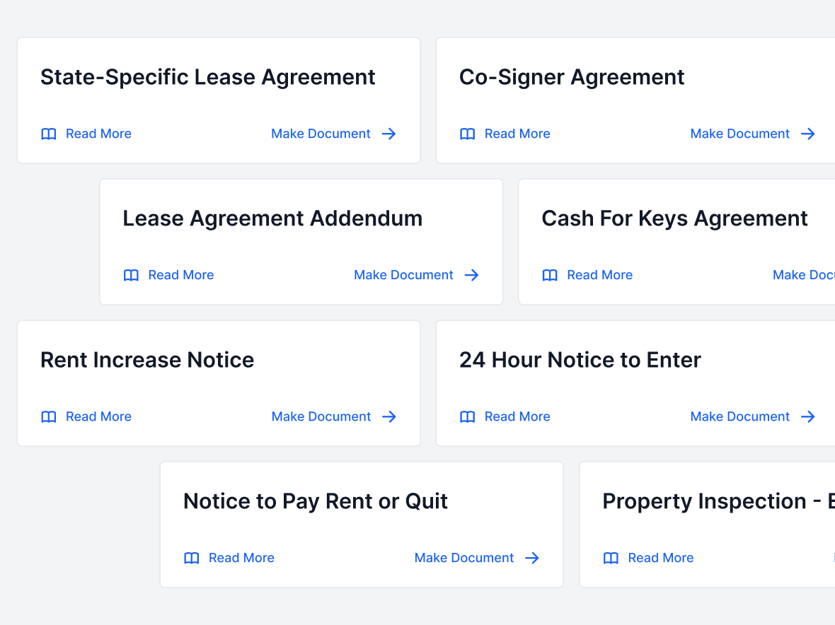 Rental Document Management Cards Overview Grid of rental document cards including lease agreements, rent notices, and property inspection forms