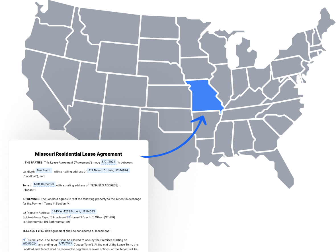 All 50 States Lease Agreement Coverage Map of all 50 US states with an arrow pointing to Missouri, highlighting a state-specific residential lease agreement document