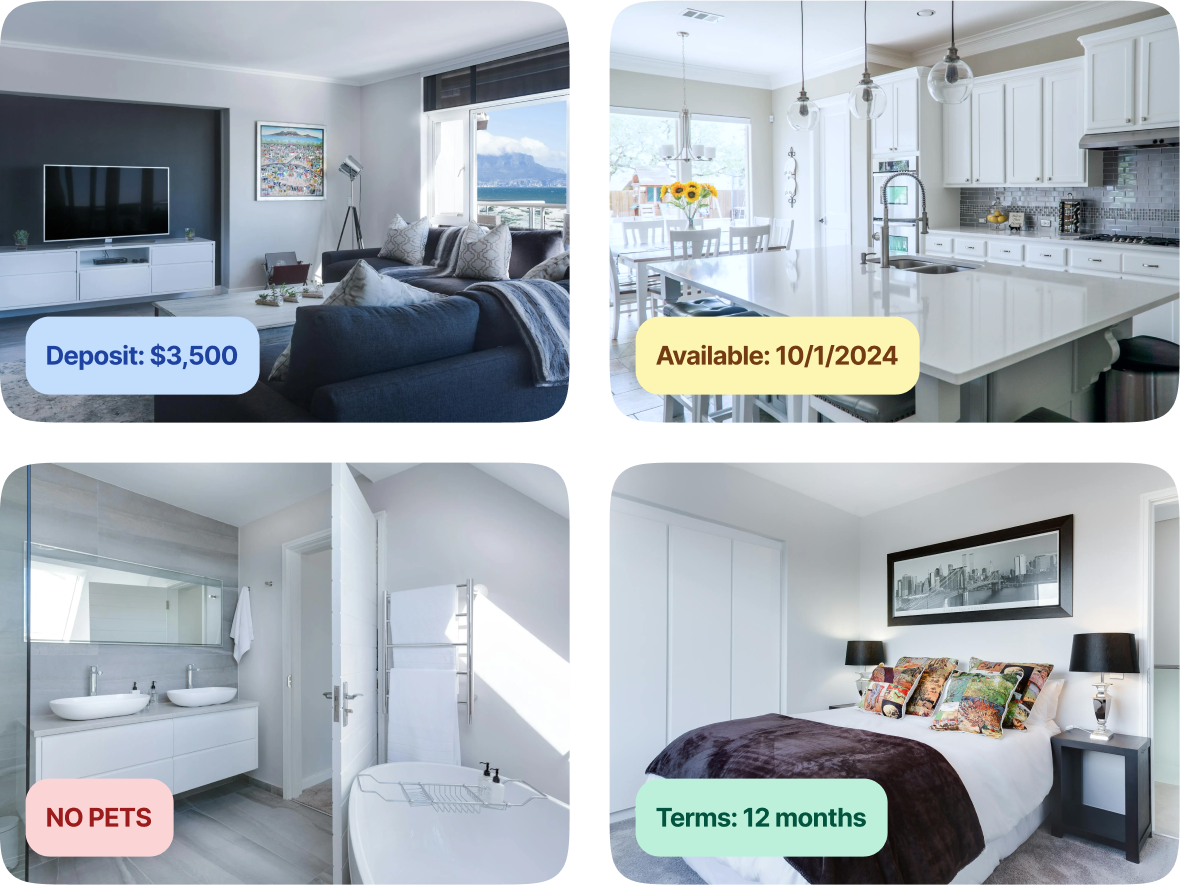 Rental Property Listing Details View Rental listing with four property photos showing deposit, availability date, pet policy, and lease terms