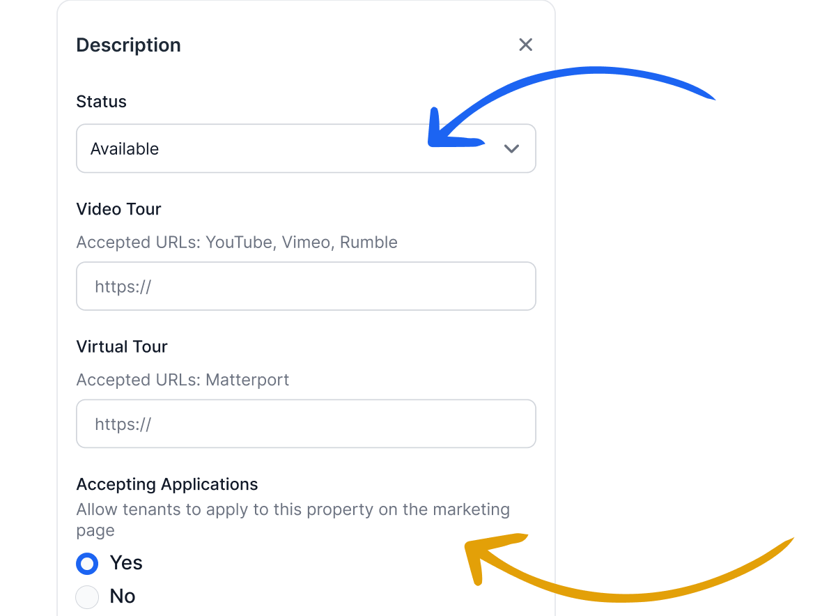 Property Listing Status and Tour Settings Property description panel showing status dropdown set to Available, with video tour, virtual tour URL fields, and accepting applications toggle