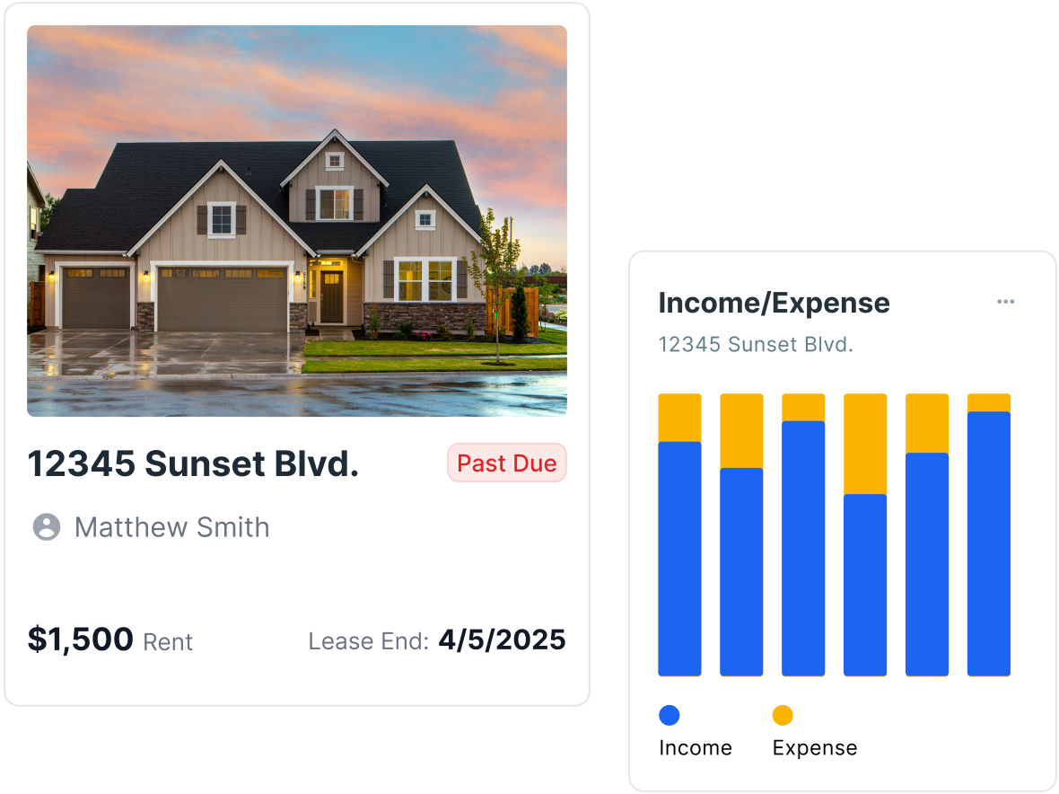 Rental property card showing rent amount, lease end date, and past due status alongside an income and expense bar chart