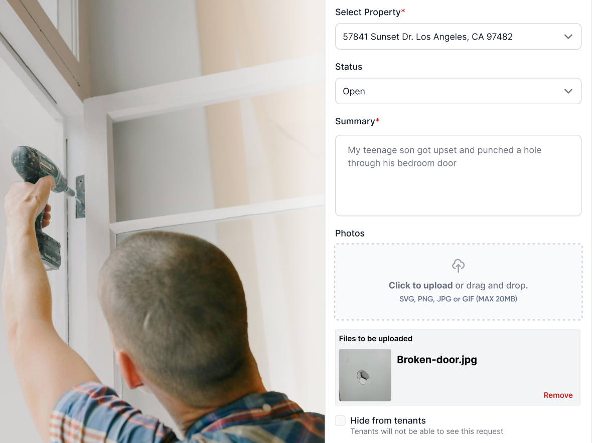 Maintenance request form with property selector, status, summary field, and photo upload, alongside a landlord inspecting a door