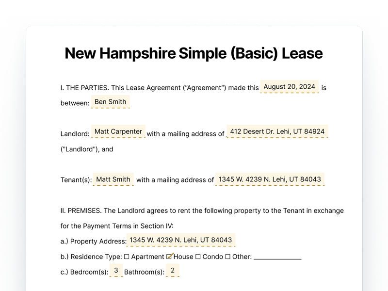 New Hampshire Simple Basic Lease Agreement-Hampshire New Hampshire Simple Basic Lease Agreement