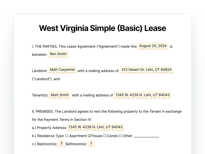 West Virginia Simple Basic Lease Agreement West Virginia Simple Basic Lease Agreement