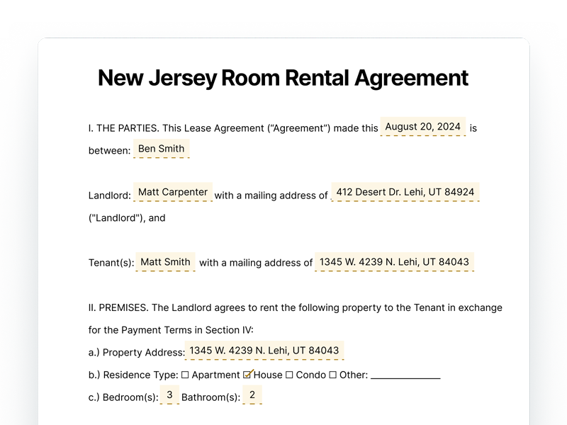 Iowa Room Rental Agreement Template Document New Jersey Room Rental Agreement
