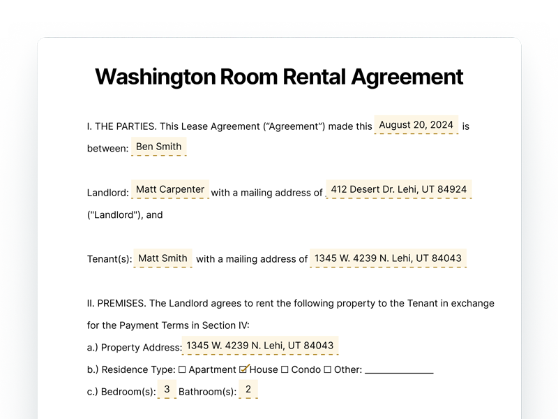 Washington Room Rental Agreement Template Preview Washington Room Rental Agreement