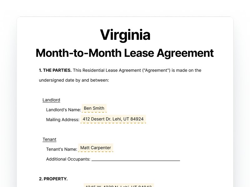 Virginia Month-to-Month Lease Agreement Template Virginia Month-to-Month Lease Agreement