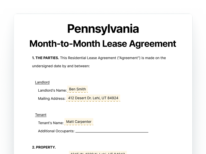 Pennsylvania Month-to-Month Lease Agreement Template Pennsylvania Month-to-Month Lease Agreement