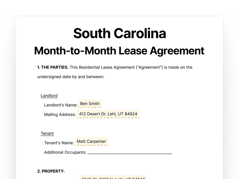 South Carolina Month-to-Month Lease Agreement Template South Carolina Month-to-Month Lease Agreement