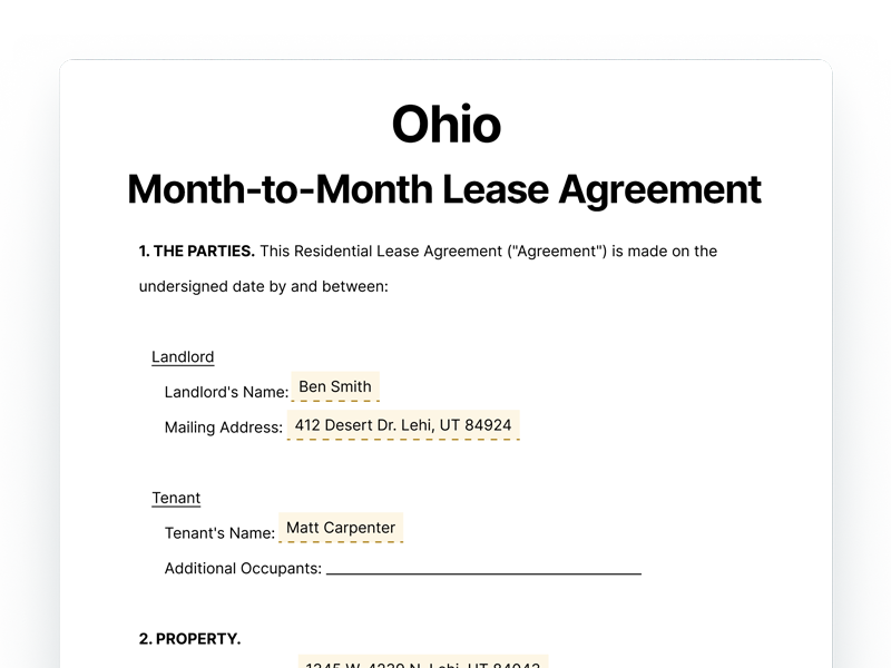 Ohio Month-to-Month Lease Agreement Template Ohio Month-to-Month Rental Agreement