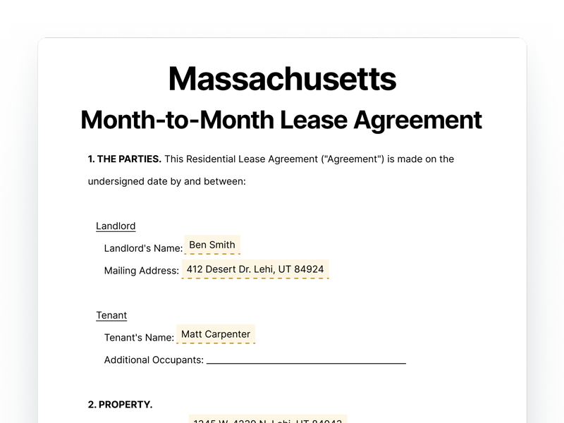 Massachusetts Month-to-Month Lease Agreement Form Massachusetts Month-to-Month Lease Agreement