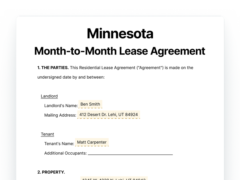 Minnesota Month-to-Month Lease Agreement Form Minnesota Month-to-Month Lease Agreement