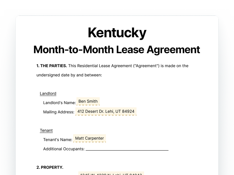 Kentucky Month-to-Month Lease Agreement Form Kentucky Month-to-Month Lease Agreement