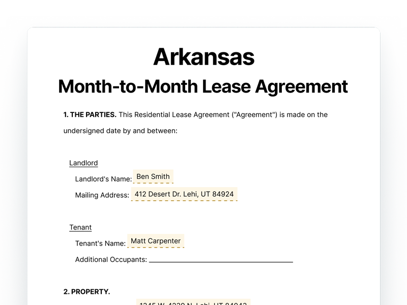 Arkansas Month-to-Month Lease Agreement Template Arkansas Month-to-Month Lease Agreement