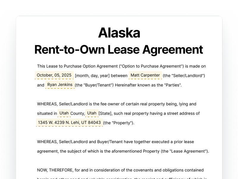 Alaska Rent-to-Own Lease Agreement Template Alaska Rent-to-Own Lease Agreement
