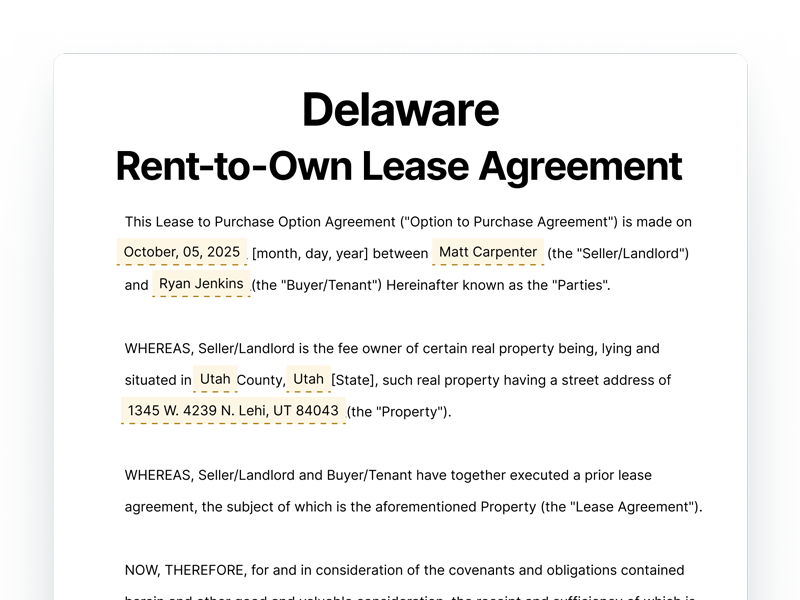 Delaware Rent-to-Own Lease Agreement Template Delaware Rent-to-Own Lease Agreement