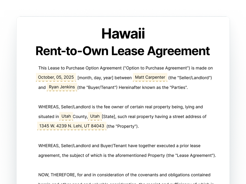Hawaii Rent-to-Own Lease Agreement Template Hawaii Rent-to-Own Lease Agreement