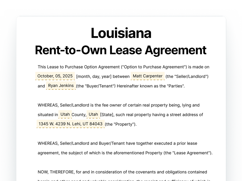 Louisiana Rent-to-Own Lease Agreement Template Louisiana Rent-to-Own Lease Agreement