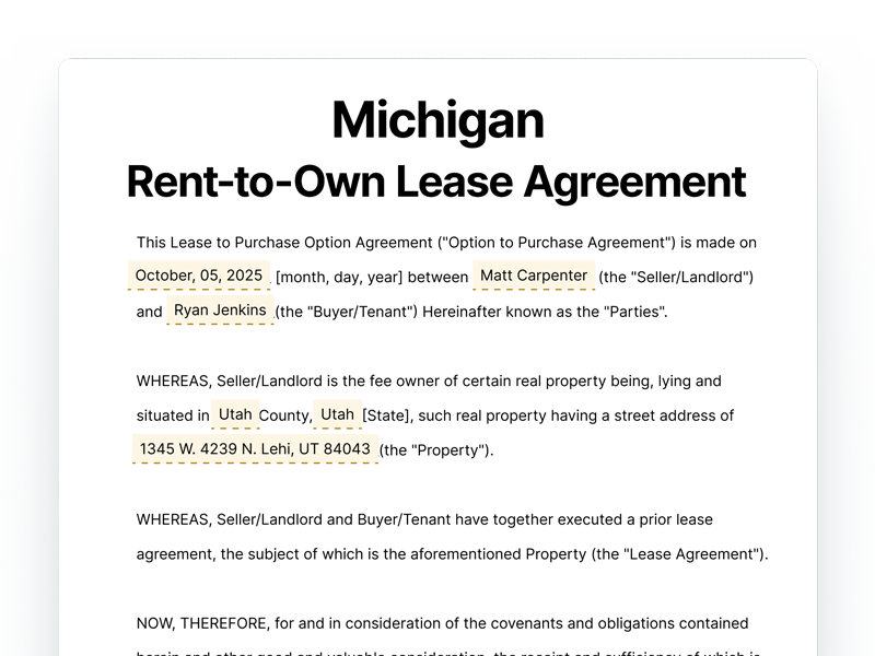 Michigan Rent-to-Own Lease Agreement Template Michigan Rent-to-Own Lease Agreement