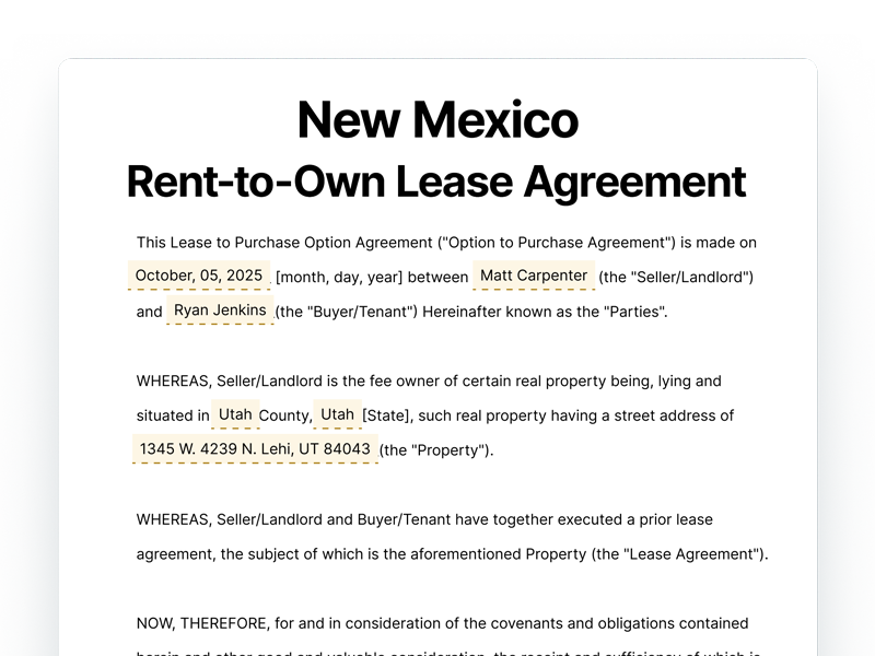 New Mexico Rent-to-Own Lease Agreement Template New Mexico Rent-to-Own Lease Agreement