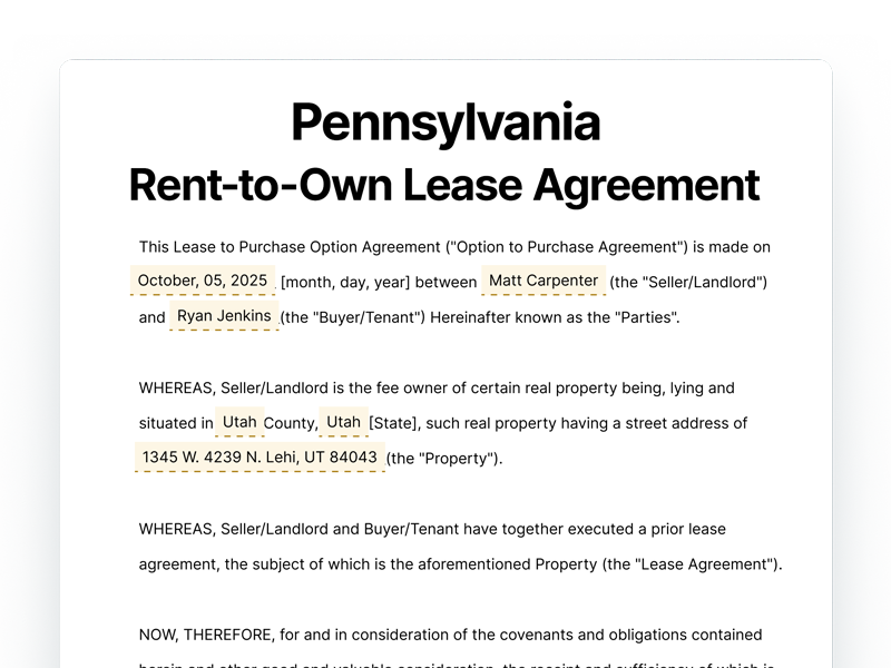 Pennsylvania Rent-to-Own Lease Agreement Template Pennsylvania Rent-to-Own Lease Agreement