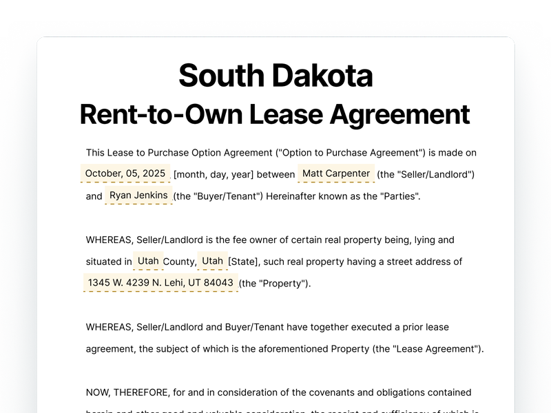 South Dakota Rent-to-Own Lease Agreement Template South Dakota Rent-to-Own Lease Agreement