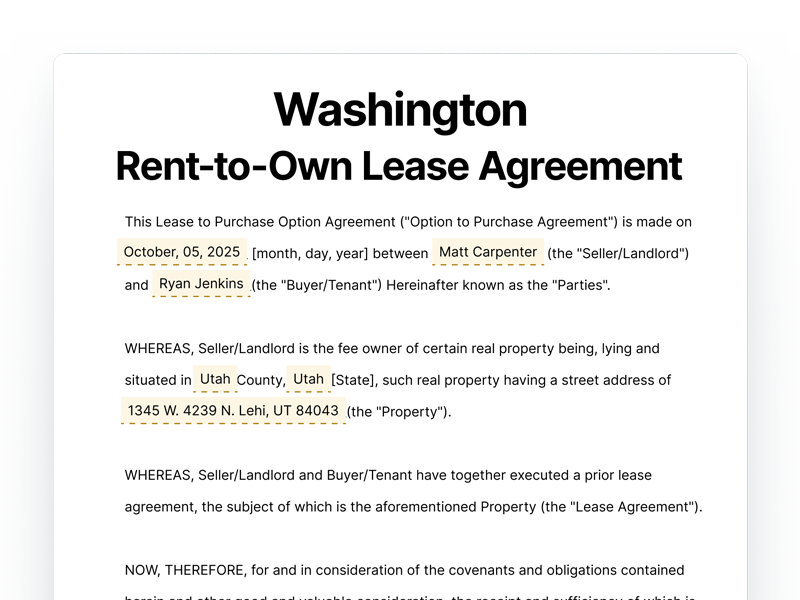 Washington Rent-to-Own Lease Agreement Template Washington Rent-to-Own Lease Agreement