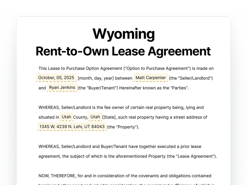 Wyoming Rent-to-Own Lease Agreement Template Wyoming Rent-to-Own Lease Agreement