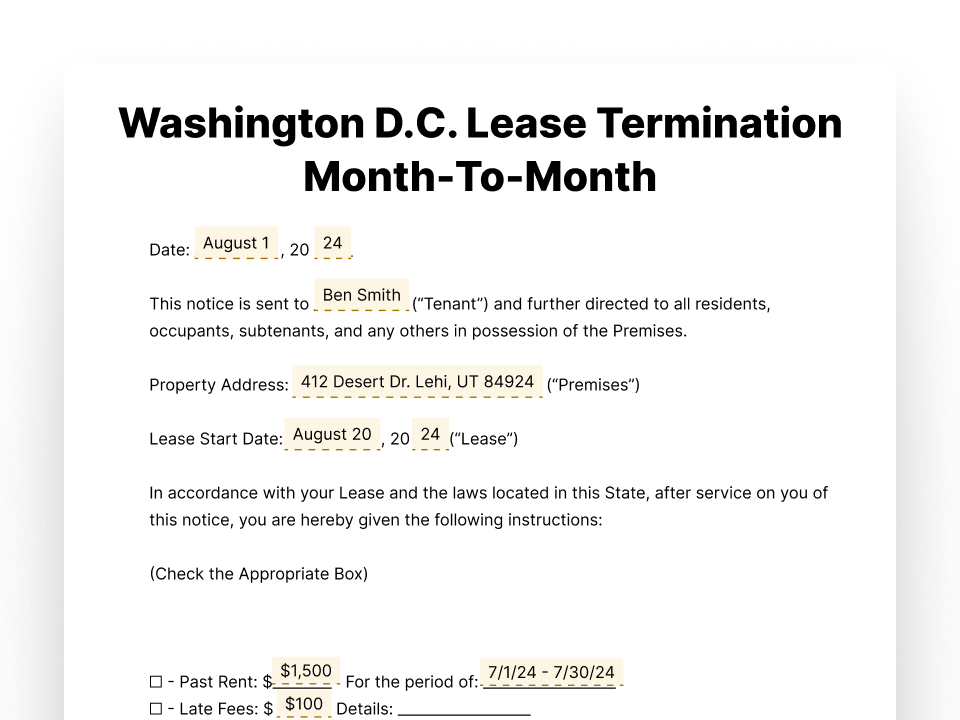 Washington D.C. Lease Termination Letter For Month-To-Month Lease