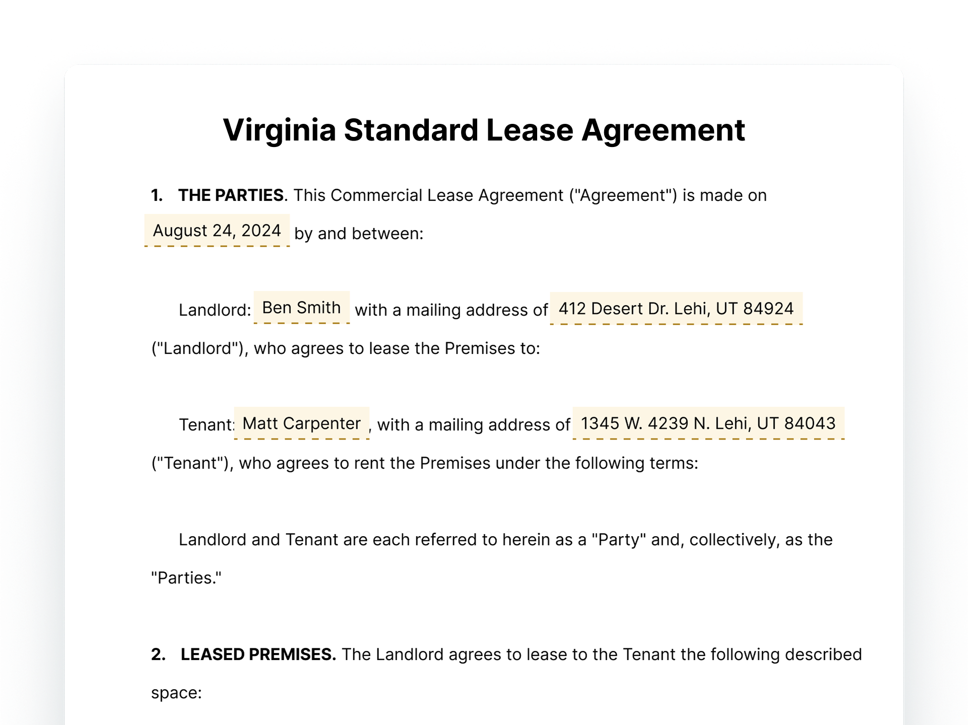 Virginia Standard Lease Agreement Document Template Virginia Standard Lease Agreement