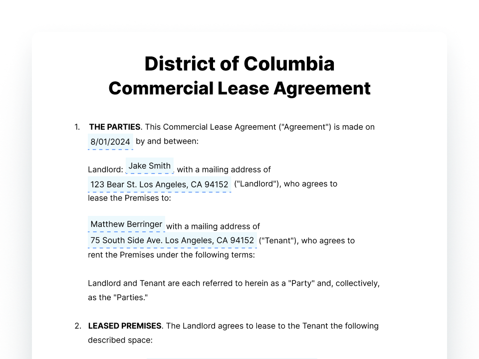 District of Columbia Commercial Lease Agreement Form District of Columbia Commercial Lease Agreement