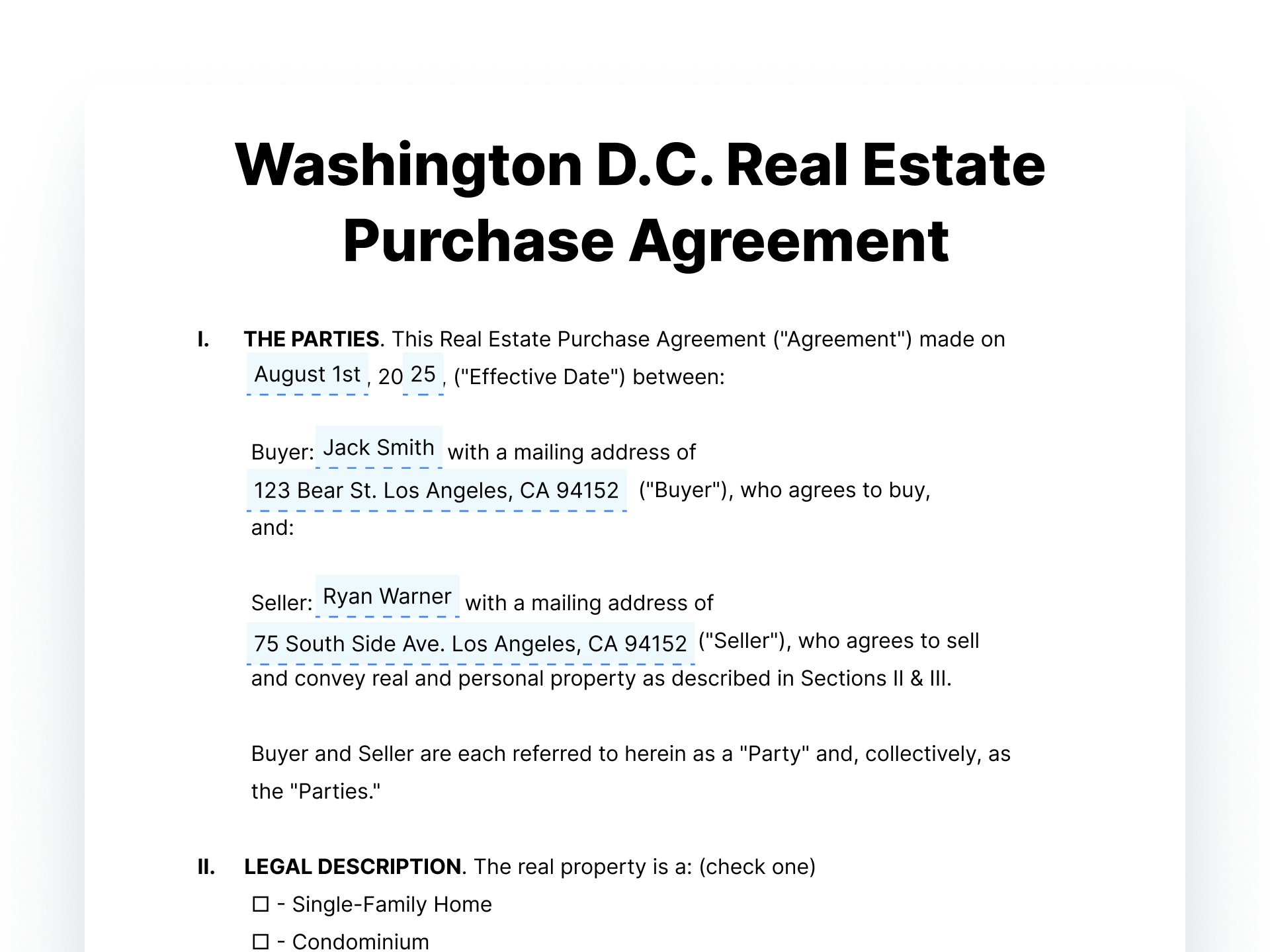Washington D.C. Real Estate Purchase Agreement District of Columbia Real Estate Purchase Agreement