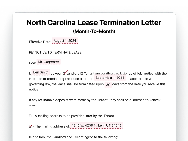 North Carolina Month-To-Month Lease Termination Letter North Carolina Lease Termination Letter For Month-To-Month Lease