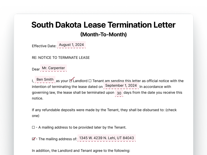 South Dakota Month-To-Month Lease Termination Letter South Dakota Lease Termination Letter For Month-To-Month Lease