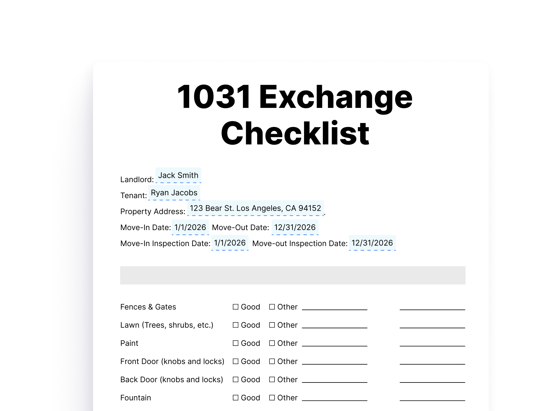 1031 Exchange Checklist Form for Landlords 1031 Exchange Checklist