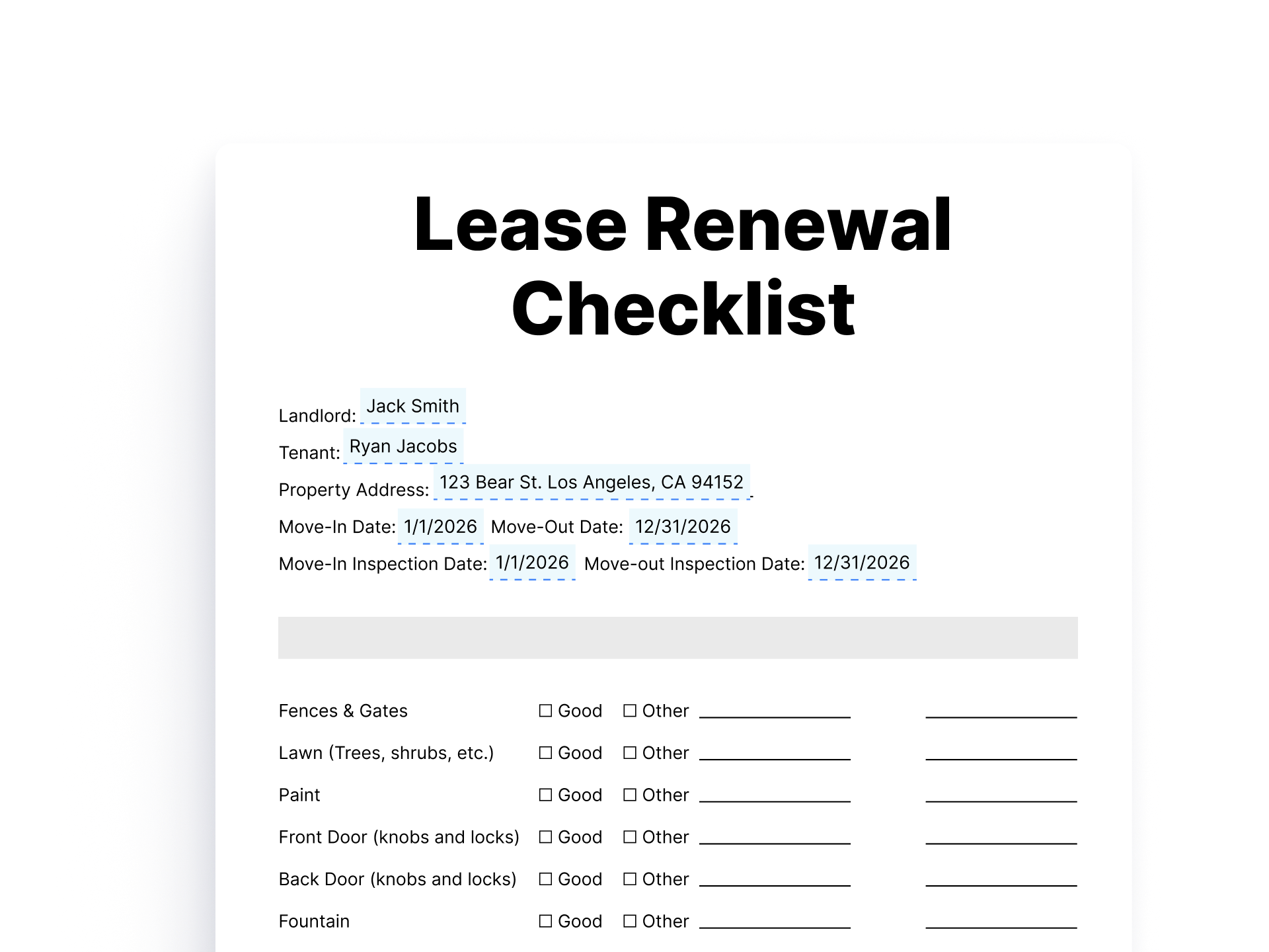 Lease Renewal Checklist Form for Rental Properties Lease Renewal Checklist