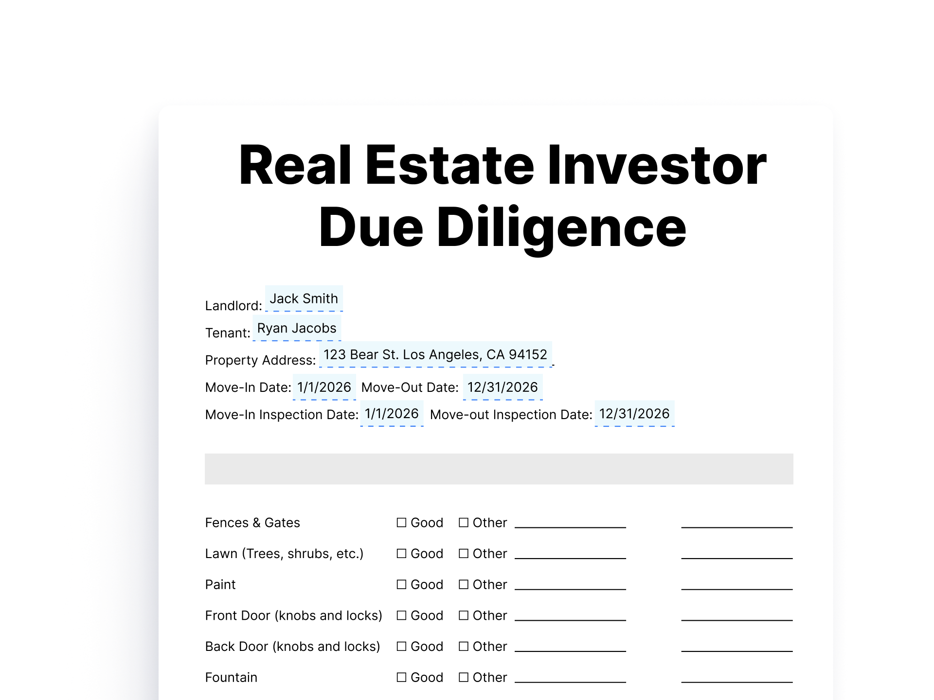 Real Estate Investor Due Diligence Checklist Form Real Estate Investor Due Diligence