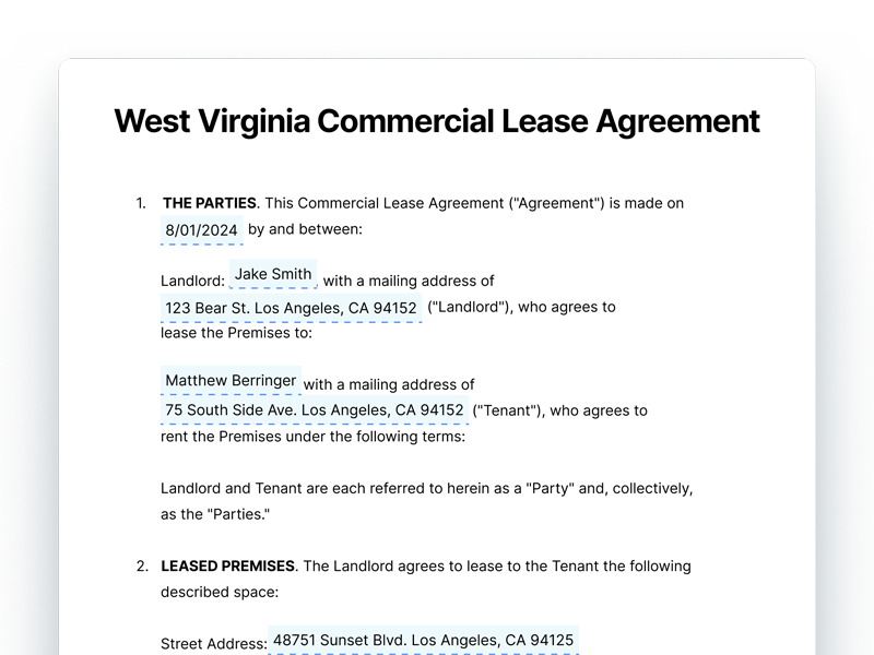 West Virginia Commercial Lease Agreement Document West Virginia Commercial Lease Agreement