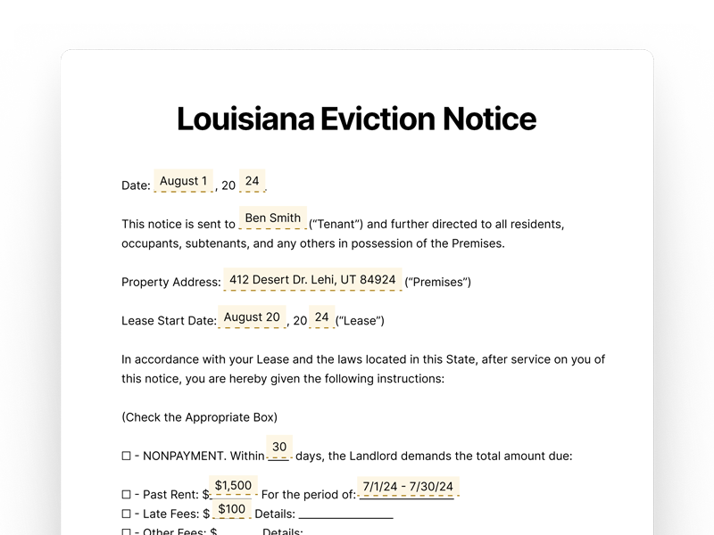 Louisiana Eviction Notice Template for Landlords Louisiana Eviction Notice