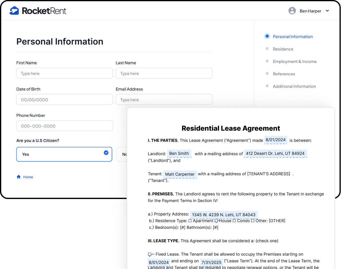 RocketRent app showing a personal information form alongside a residential lease agreement with tenant and property details
