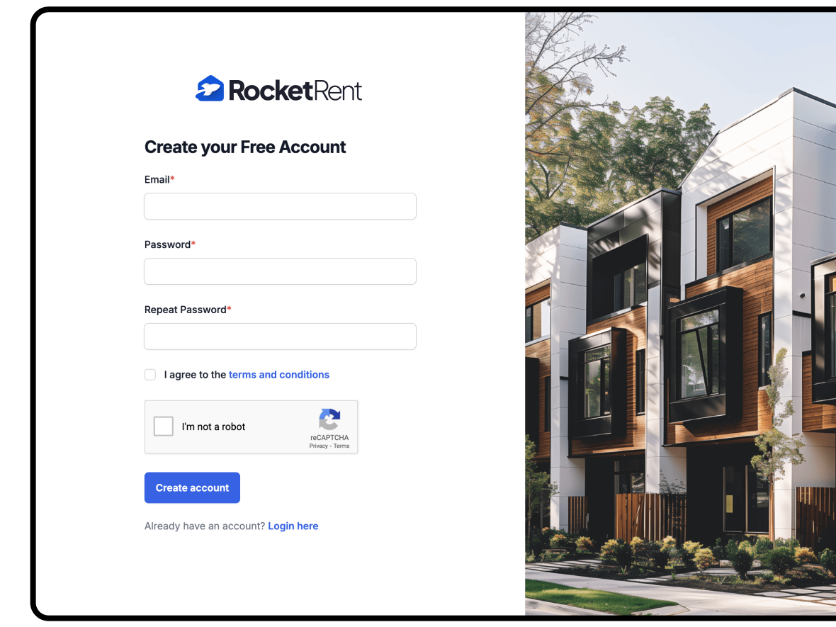 RocketRent create your free account signup form with email and password fields