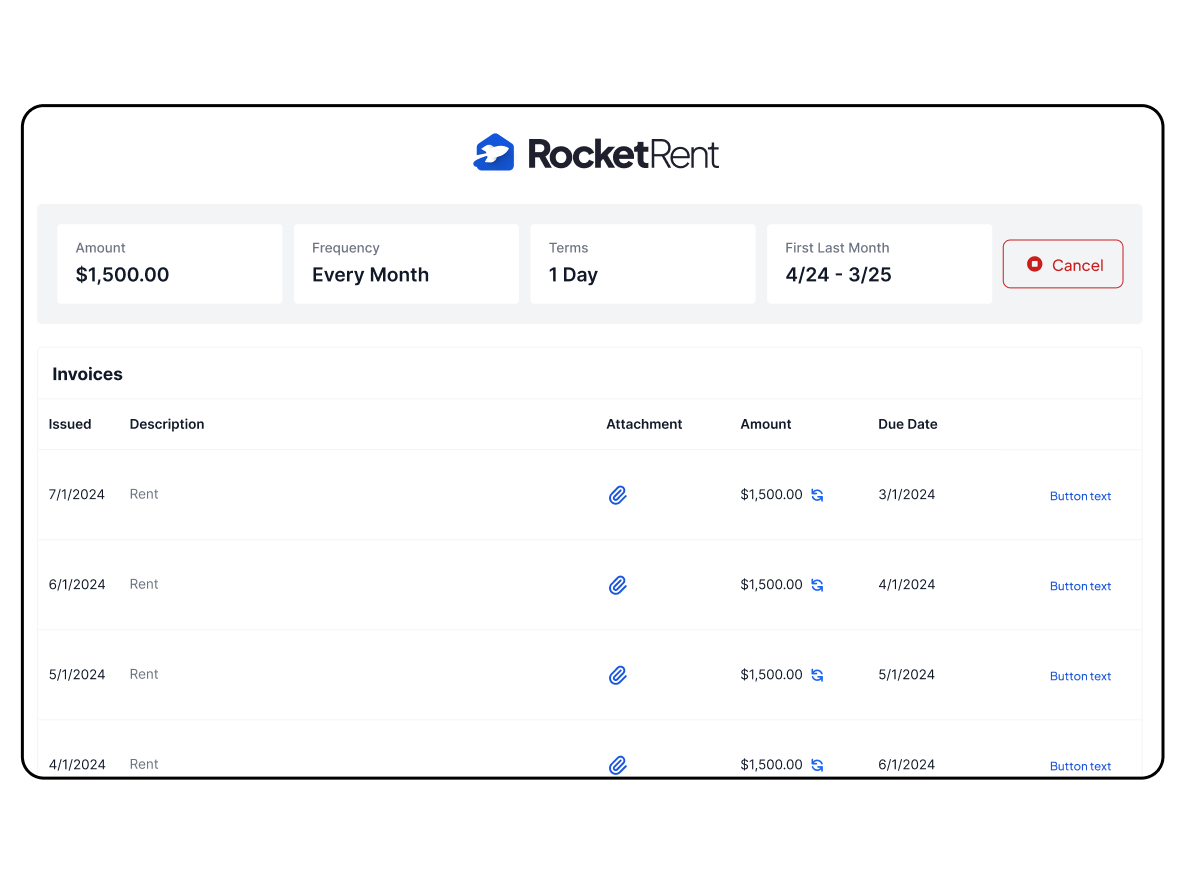 RocketRent dashboard showing recurring rent invoices of $1,500 per month with due dates and attachment options