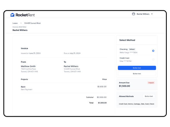 RocketRent tenant payment portal showing a $1,500 rent invoice with payment method selection